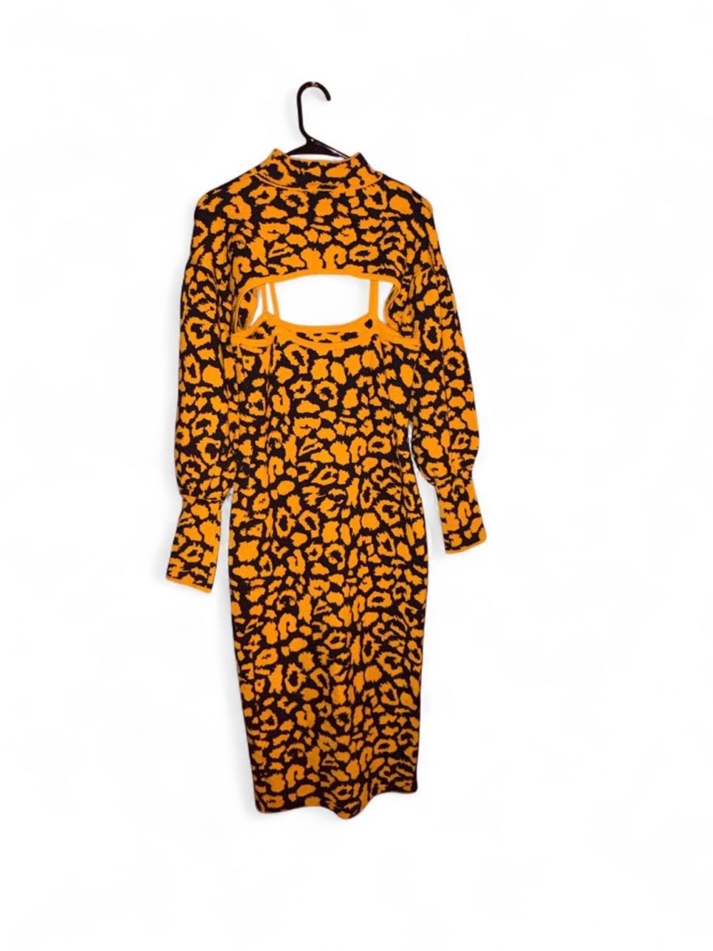 Fashion Nova Black and Yellow Leopard Cutout Midi Dress